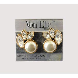 Vintage 1980s Von Elle Swarovski Crystals Faux Pearl Pierced Earrings Goldtone